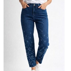 WB3 Soft Surroundings Star Print Straight Leg Denim Jeans Dark Wash Blue 10